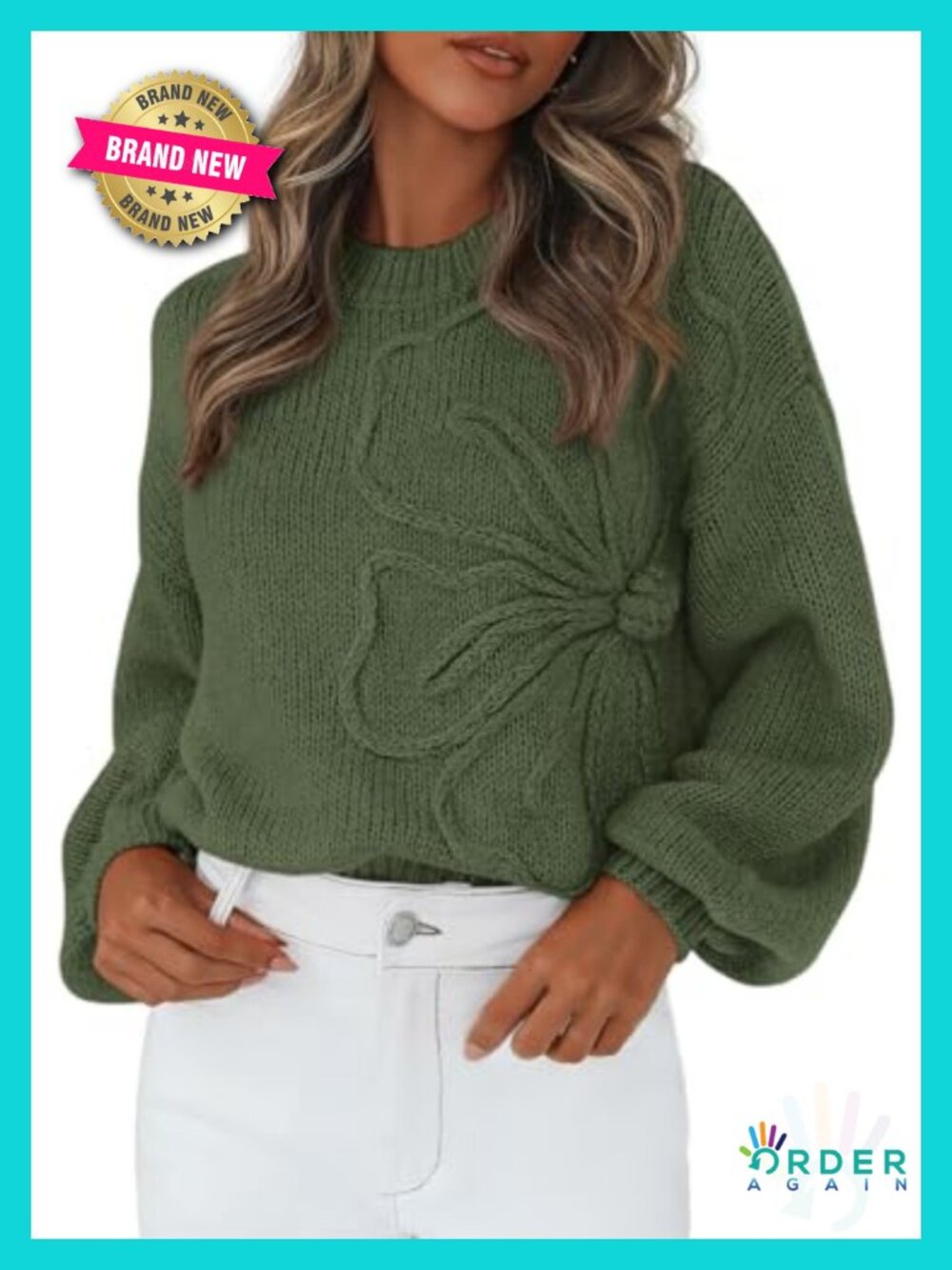 Oversized Chunky Knit 3D Floral Sweater Women Crew Neck Lantern Sleeve Pullover